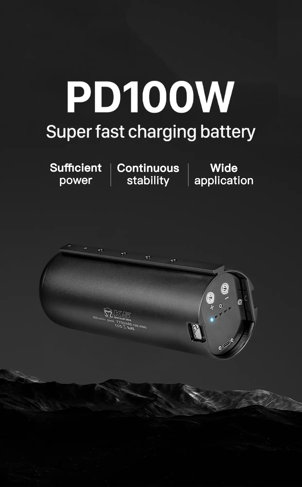 Mobile banner highlighting TEDGIX K5 waterproof battery with 100W PD fast charging for wide application and rapid power recovery.
