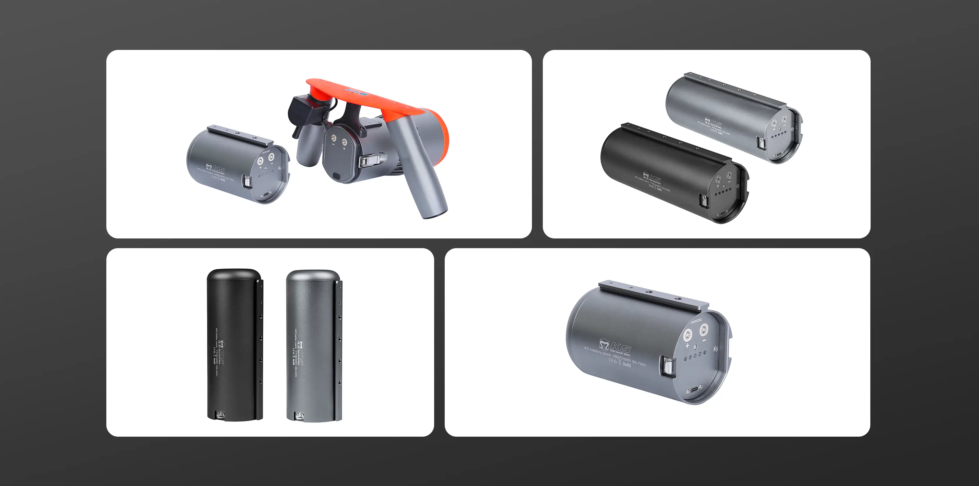 Photo gallery of TEDGIX K5 waterproof battery pack showing multiple angles, connection ports, and installation on the scooter.