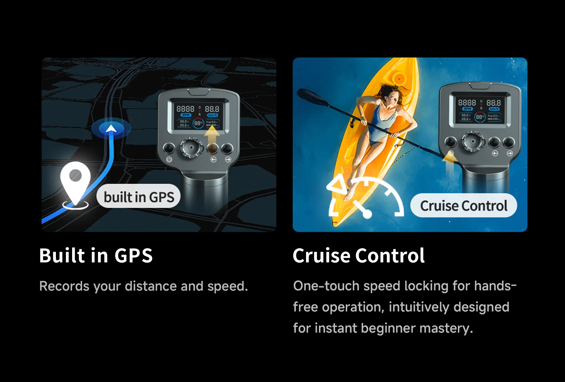 Split view showing TEDGIX K4 remote features: Real-time GPS speed/distance tracking and one-touch cruise control for hands-free kayaking.