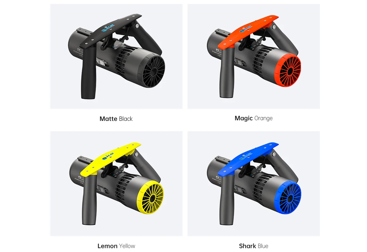 Color options for TEDGIX K5 sea scooter: Available in Matte Black, Magic Orange, Lemon Yellow, and Shark Blue.