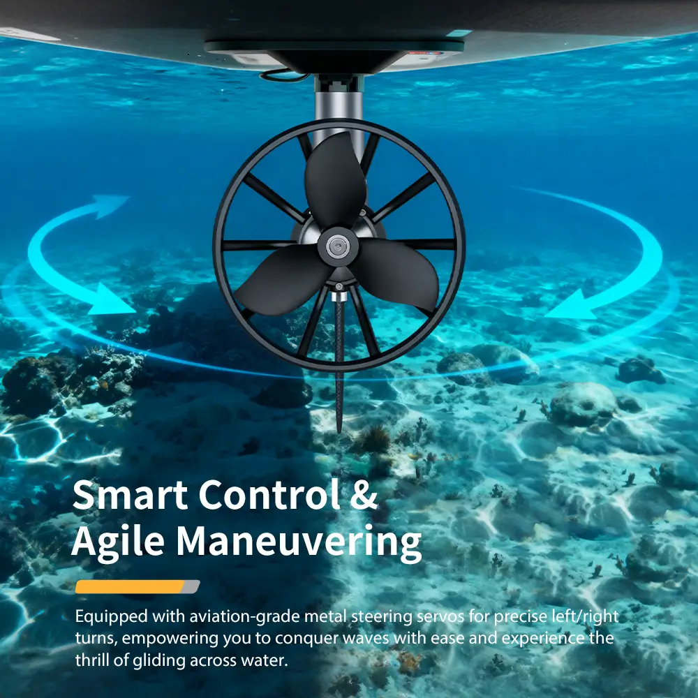 Underwater demonstration of TEDGIX K4 electric motor steering capabilities, showing precise left and right turning for kayaks and SUPs.
