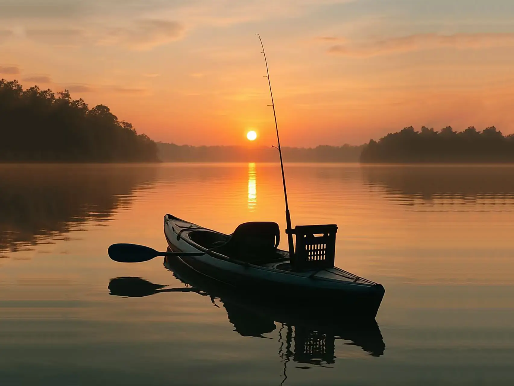 Fishing kayak at sunrise with rod setup, representing long fishing sessions and precise on-water control
