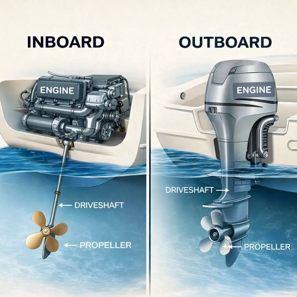 Diagram showing structural differences between inboard and outboard marine engines