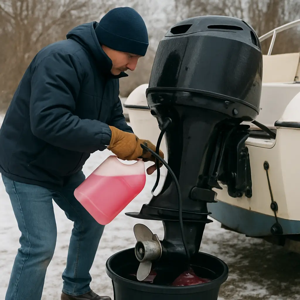 Winterizing a gas outboard motor by pouring antifreeze in freezing conditions