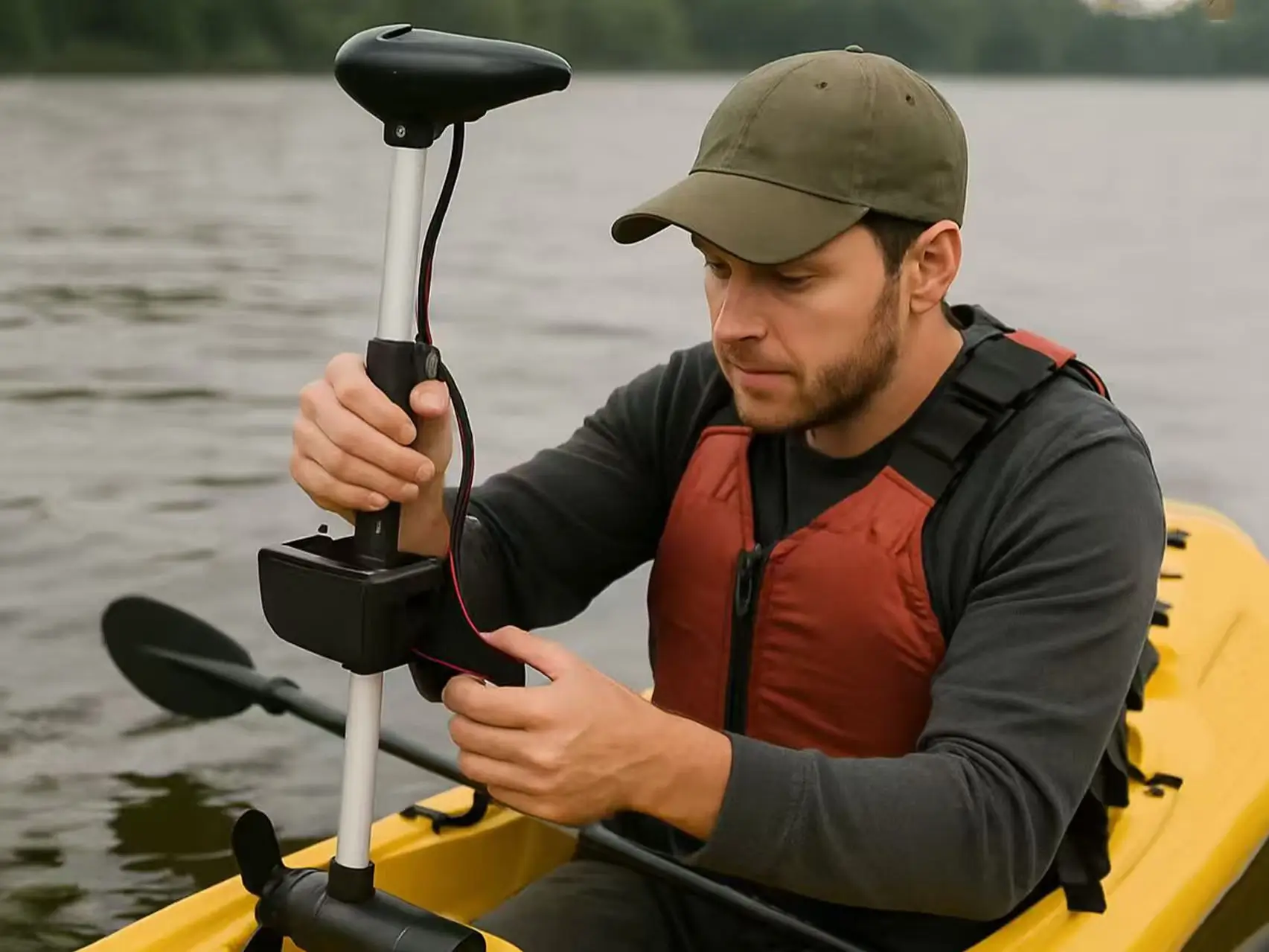 Angler installing a kayak trolling motor using a no-drill mounting system on the water