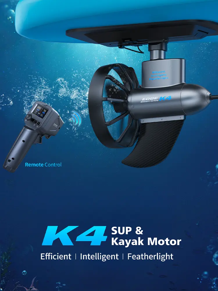 Vertical mobile banner showing the EDGE K4 SUP & Kayak Motor attached underwater, alongside its wireless remote control. Text indicates: Efficient, Intelligent, Featherlight.