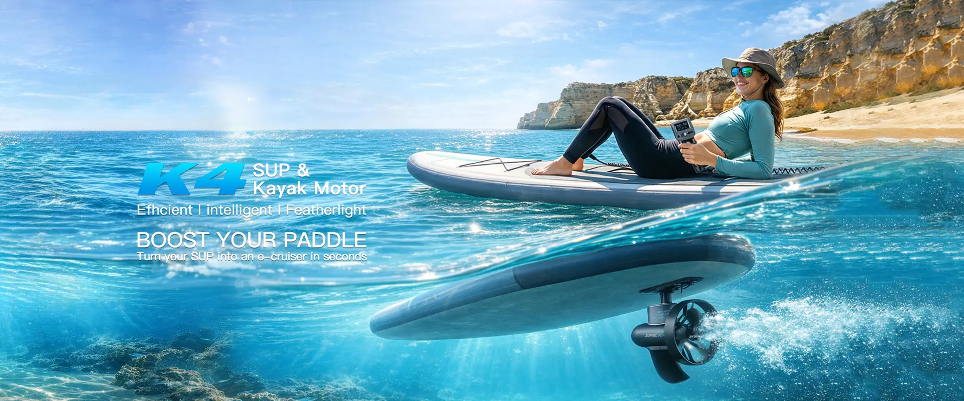 Wide desktop banner featuring the EDGE K4 electric motor attached to a SUP fin box, turning it into an e-cruiser in seconds. Split shot of a user enjoying an effortless ride along a sunny coastline.