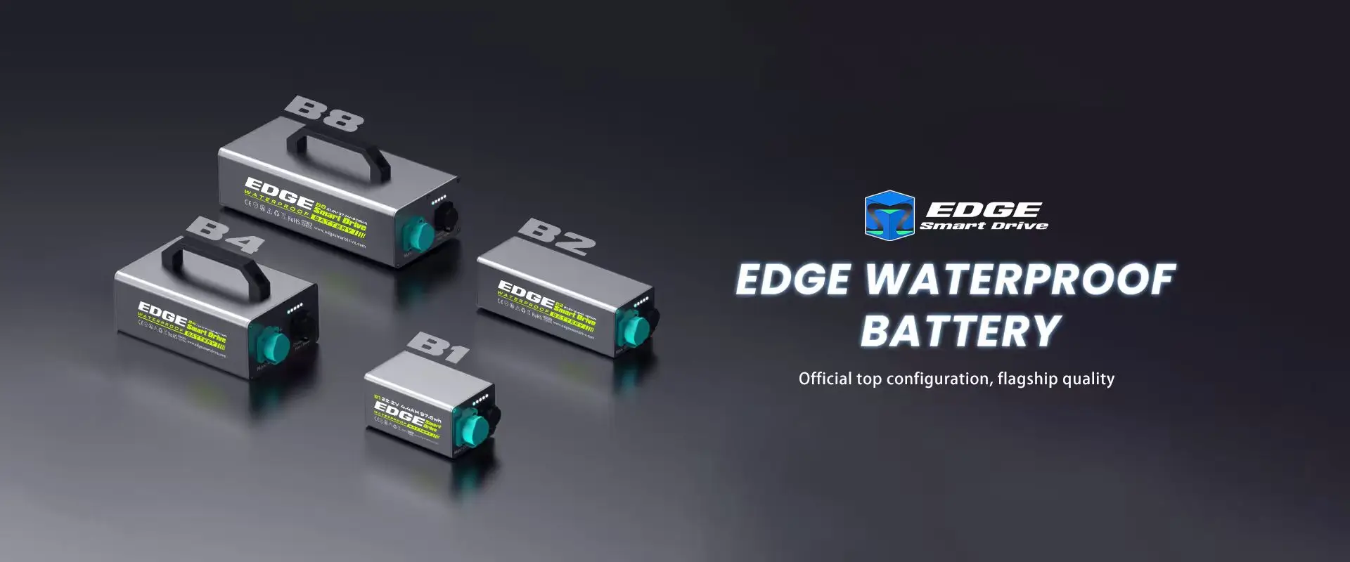 Desktop banner featuring the full lineup of TEDGIX K4 waterproof batteries (B1 to B8) with flagship quality branding.