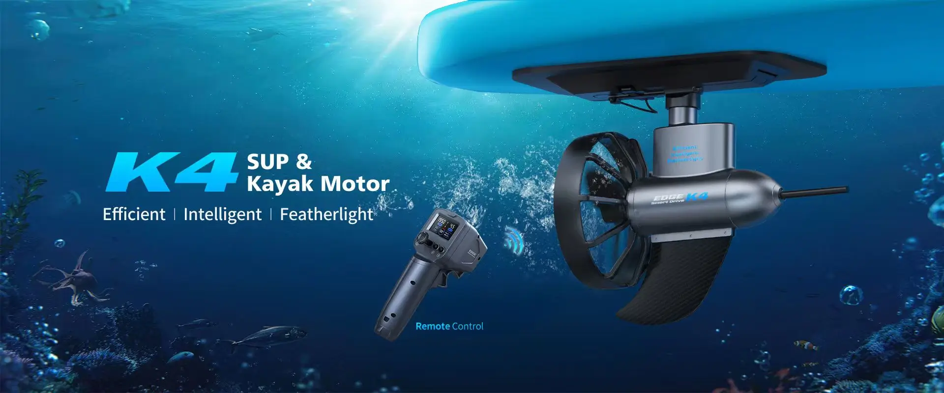 Mobile banner for TEDGIX K4 electric SUP motor. Underwater view showing the propulsion unit attached to a paddleboard and the wireless remote control.