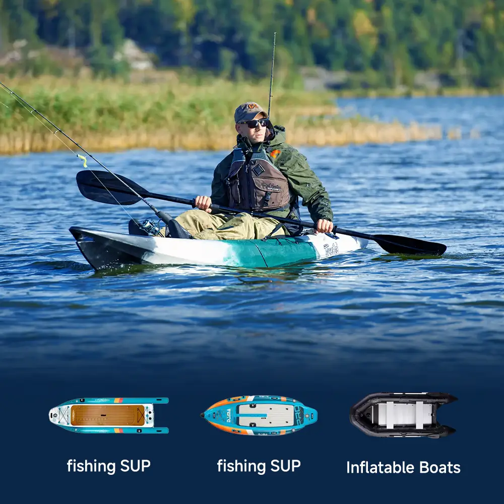 Angler fishing from a kayak powered by TEDGIX K4 electric assist motor. Perfect for fishing SUPs and inflatable fishing boats.
