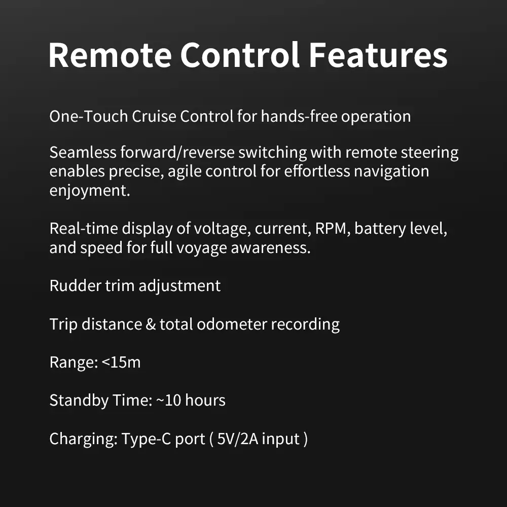 Features list for TEDGIX K4 remote: One-touch cruise control, rudder trim, real-time data display, 15m range, and Type-C charging.