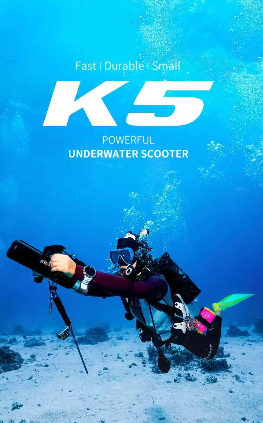 Mobile hero image of TEDGIX K5 underwater scooter. A compact, fast, and durable sea scooter designed for scuba divers and snorkelers.