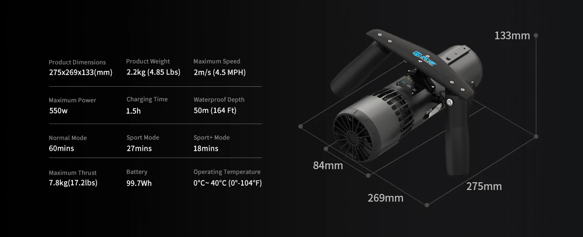 Technical specifications for TEDGIX K5: Compact size (275x269mm), max speed 2.0m/s (4.5mph), 50m depth rating, and lightweight 2.2kg design.