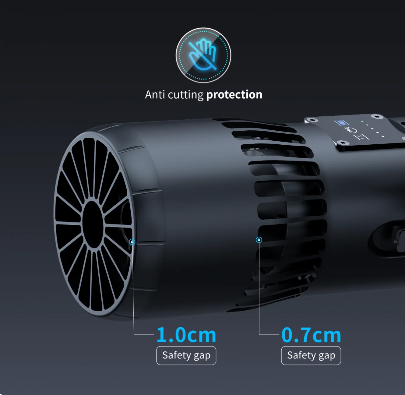 Safety design of TEDGIX K5: Dual protection propeller guard with narrow 0.7cm gaps to prevent accidental finger contact, ensuring safety for children over 6.