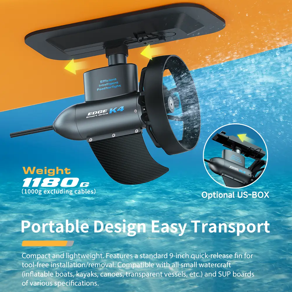 Installation guide for TEDGIX K4 portable motor, showing the tool-free quick-release mechanism compatible with standard US-Box fin mounts.