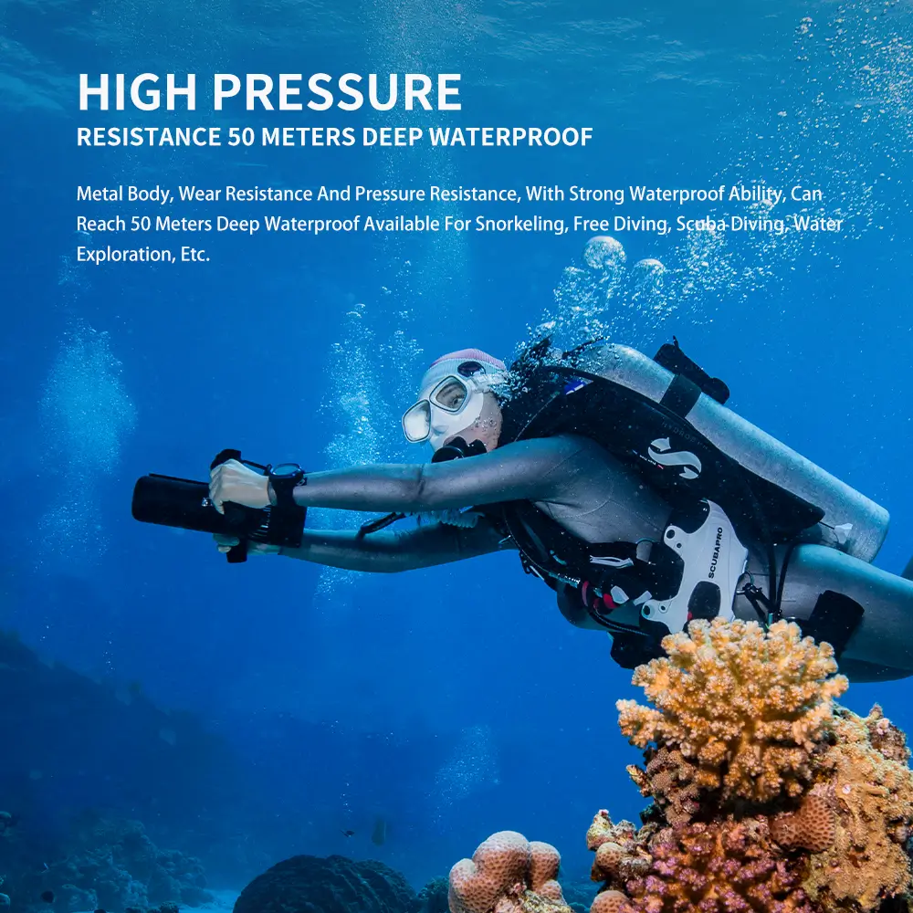 A scuba diver effortlessly gliding through deep blue ocean waters using the powerful TEDGIX K5 underwater scooter designed for deep-sea exploration.