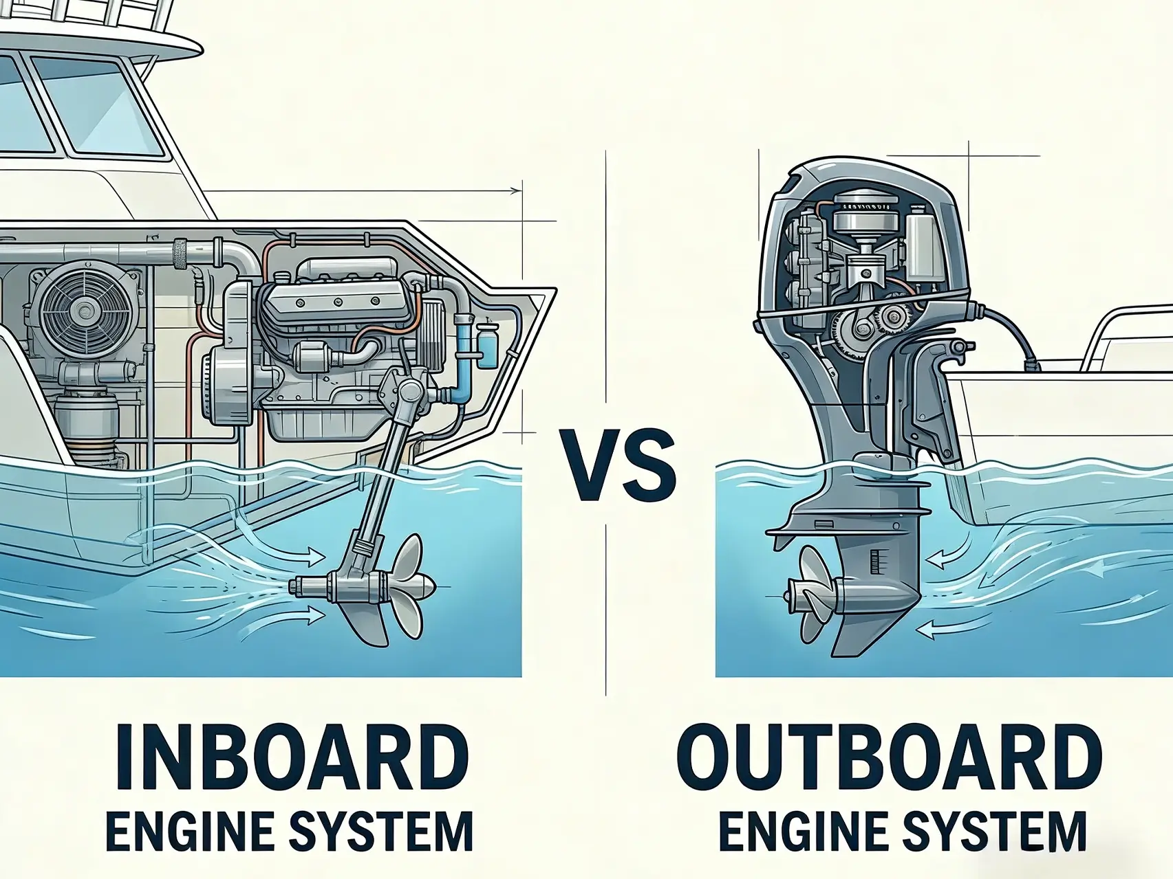 Inboard outboard motor vs outboard comparison diagram showing engine placement and propulsion differences