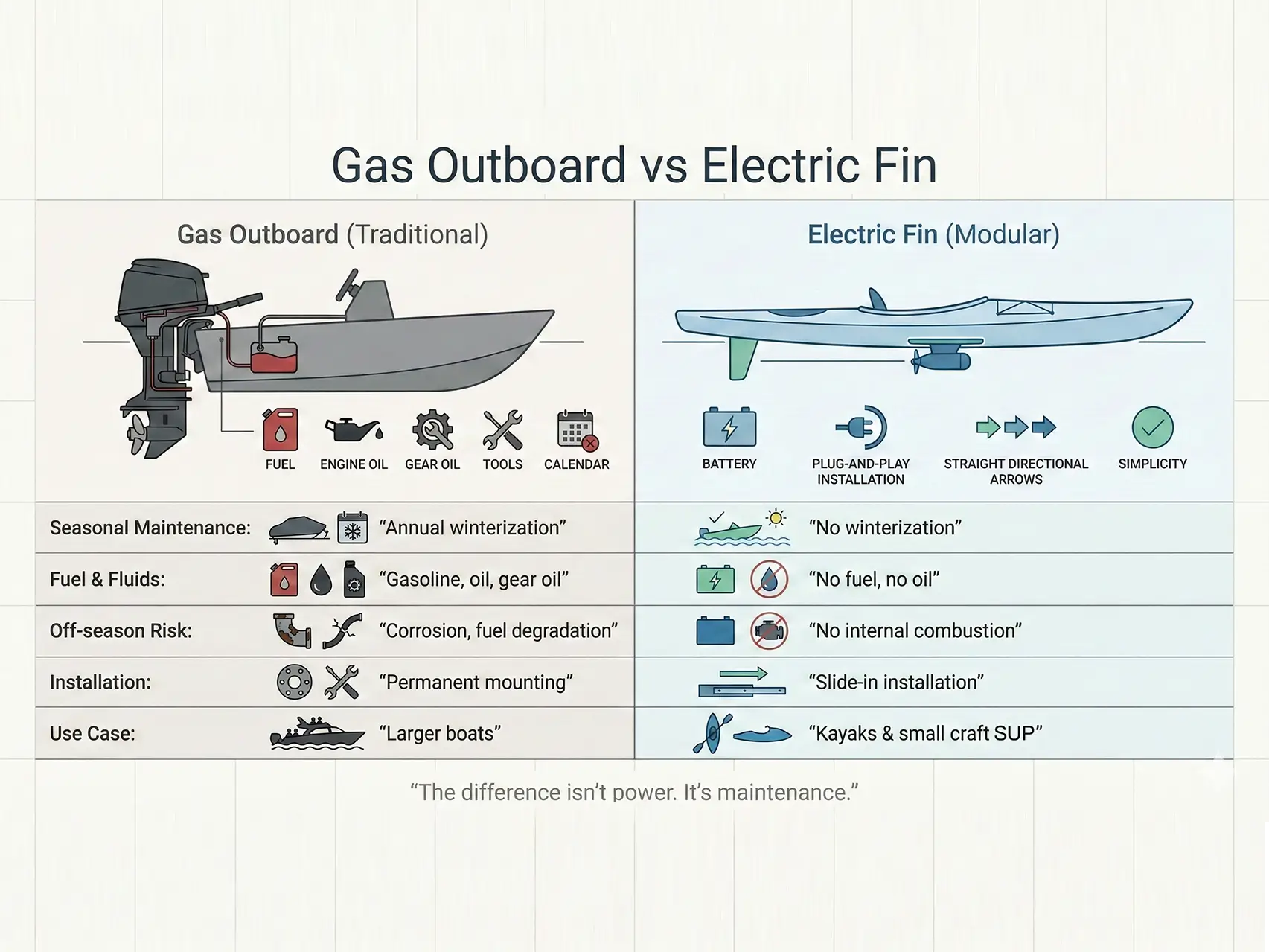 Gas outboard motor vs electric fin propulsion comparison showing maintenance, fuel, and installation differences